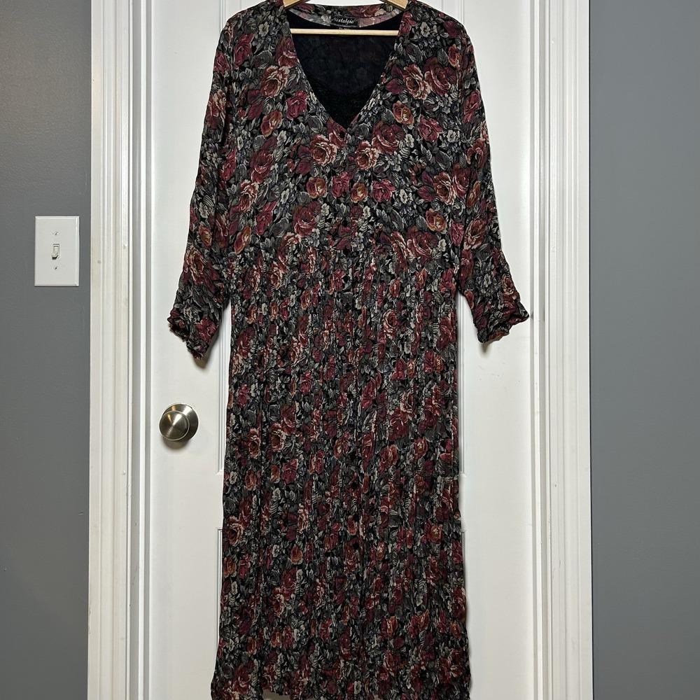 Nostalgia Vintage 90s 100% Rayon Black Burgundy Floral Button Front Maxi Dress